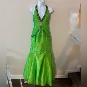 Night Moves Vibrant Green Deep-V Neck Embellished Gown Sz.6